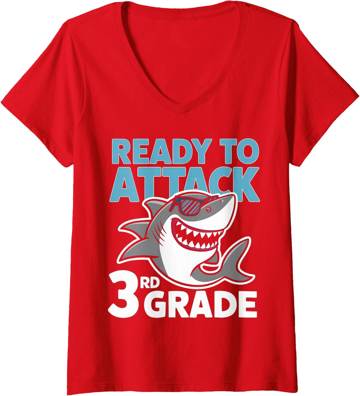 Women's Funny Shark Attack 3RD Grade Third Grade Teacher Student V-Neck T-Shirt - Red