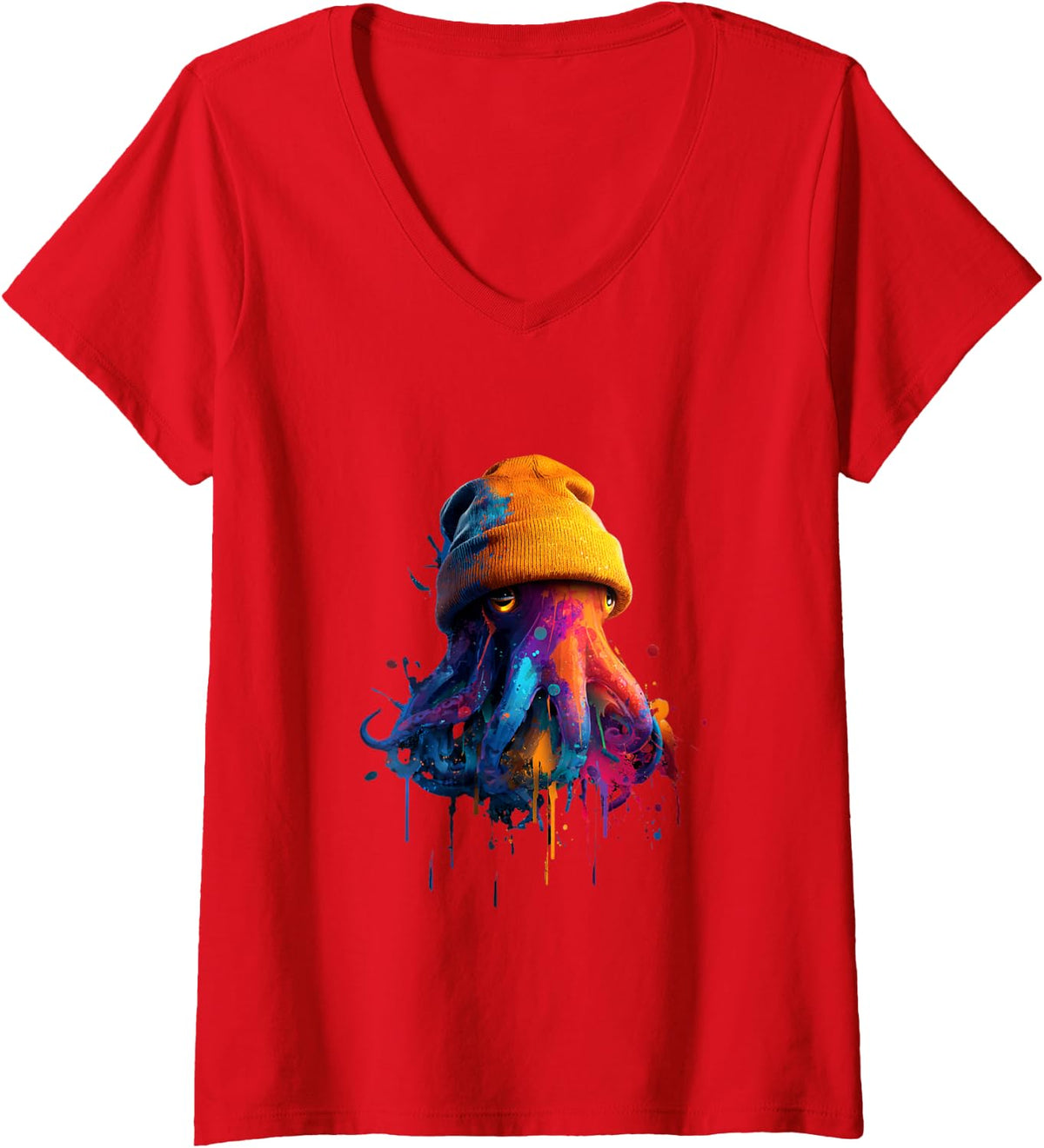 Women's Octopus Wearing Beanie Graffiti Style Graphic V-Neck T-Shirt - Red