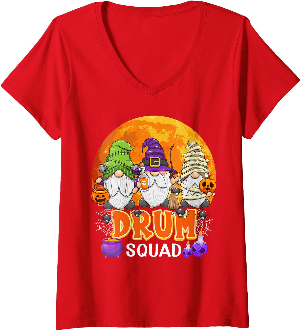 Women's Drum Squad Halloween Drummer Gnome Matching V-Neck T-Shirt - Red