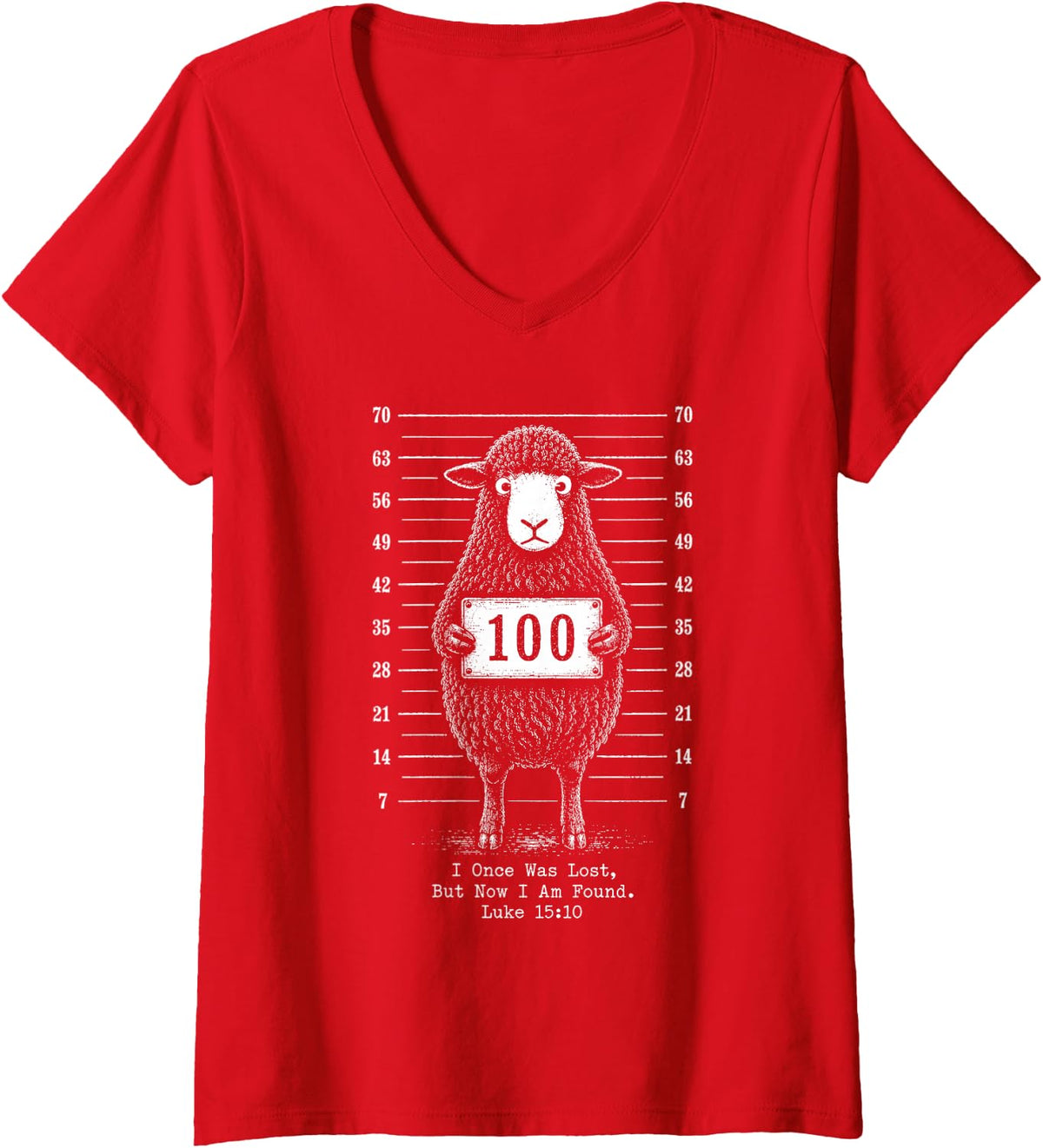 Women's I Once was Lost But Now I Am Found Funny Christian Sheep V-Neck T-Shirt - Red