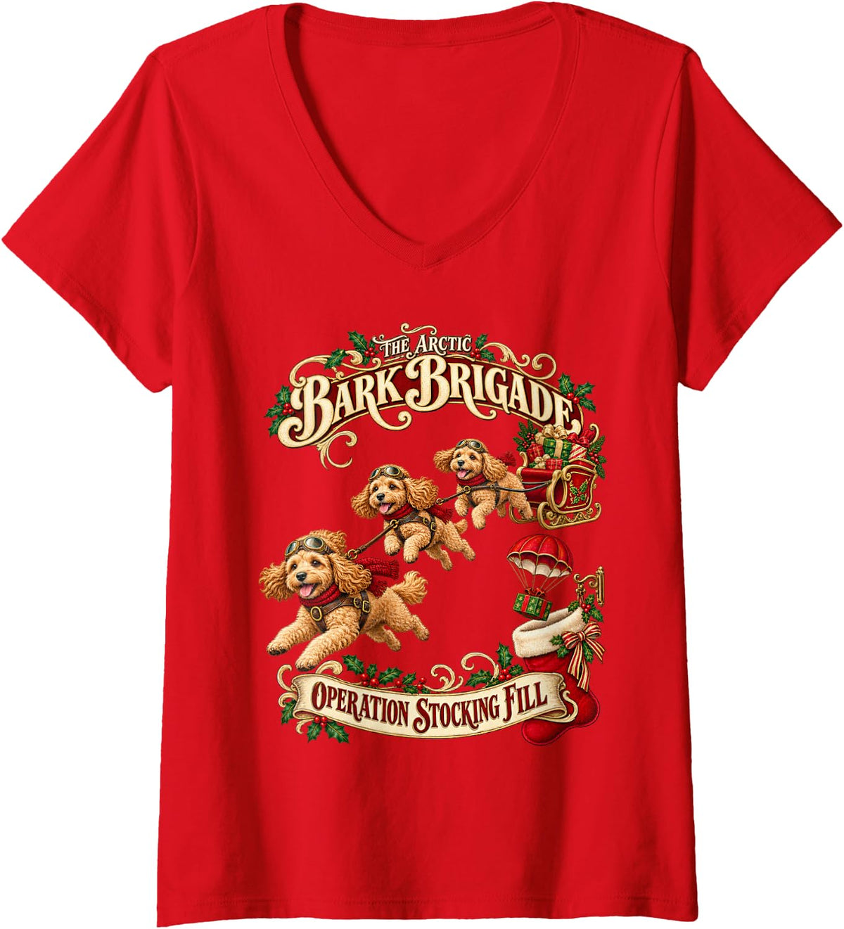 Women's Cockapoo Dog Christmas Flying Stocking Brigade V-Neck T-Shirt - Red