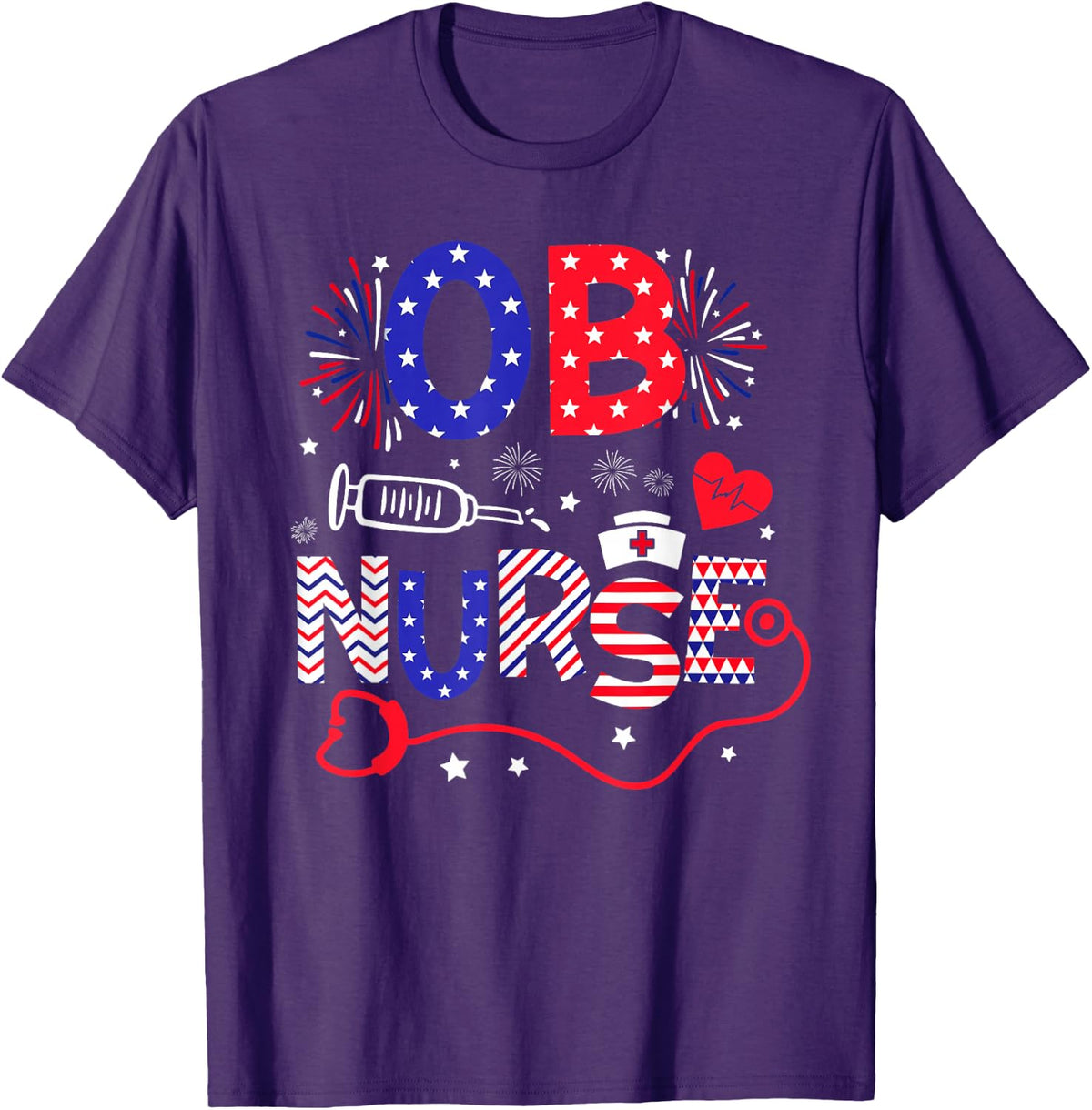 OB Nurse 4th Of July Patriotic American Flag Stethoscope T-Shirt - Purple