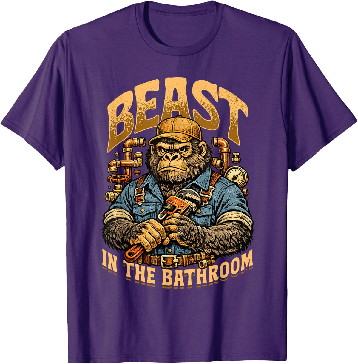 Plumber Beast in The Bathroom Gorilla Pipes T-Shirt - Purple