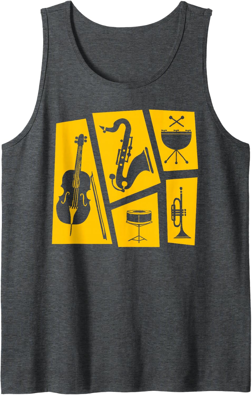 Jazz Music Saxophone Double Bass Trumpet Percussion Sleeveless Tank Top - Dark Heather Grey