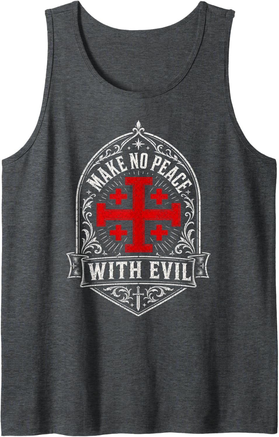 Make No Peace with Evil Knight Templar Jerusalem Cross Sleeveless Tank Top - Dark Heather Grey