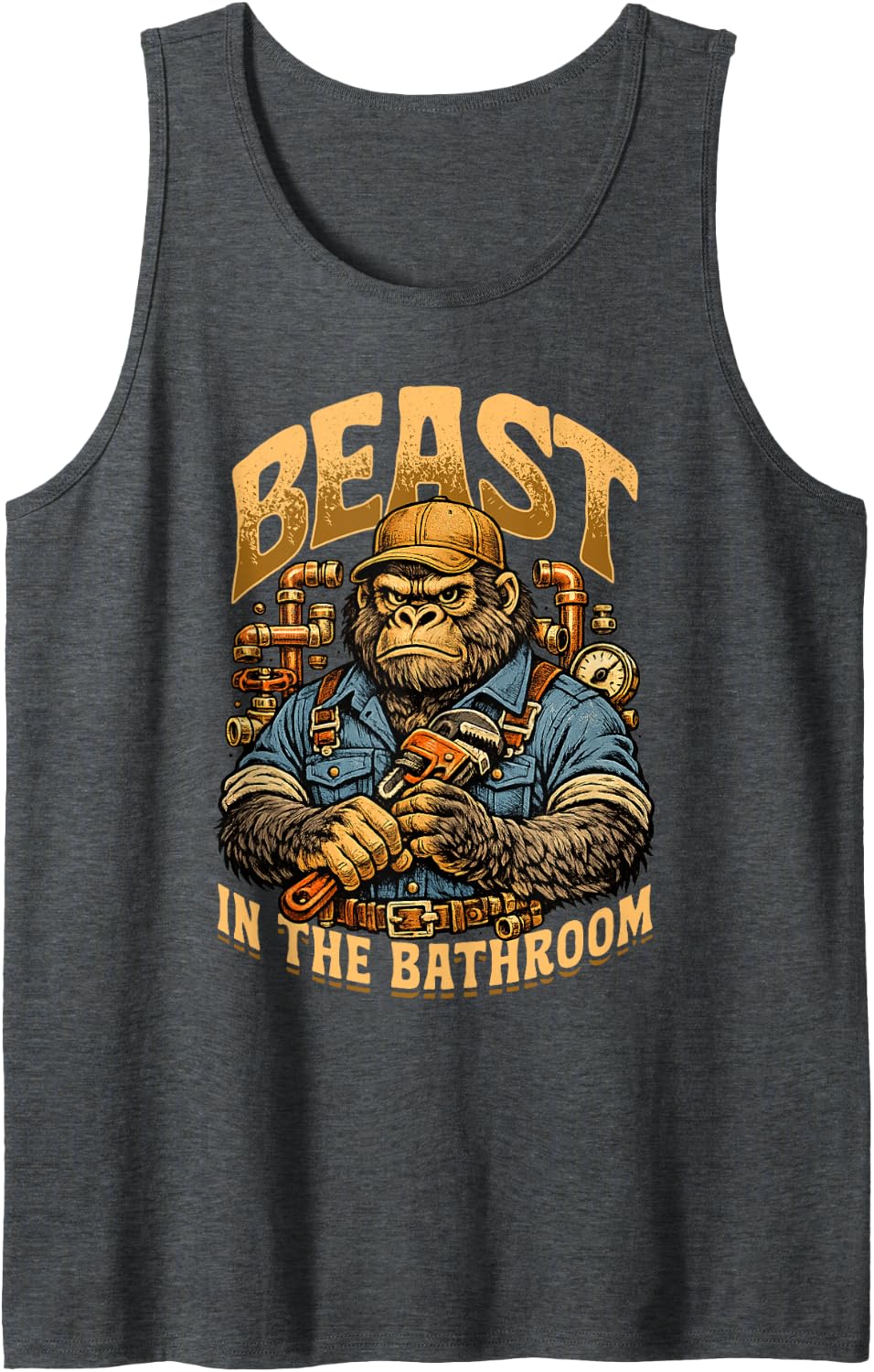 Plumber Beast in The Bathroom Gorilla Pipes Tank Top - Dark Heather Grey