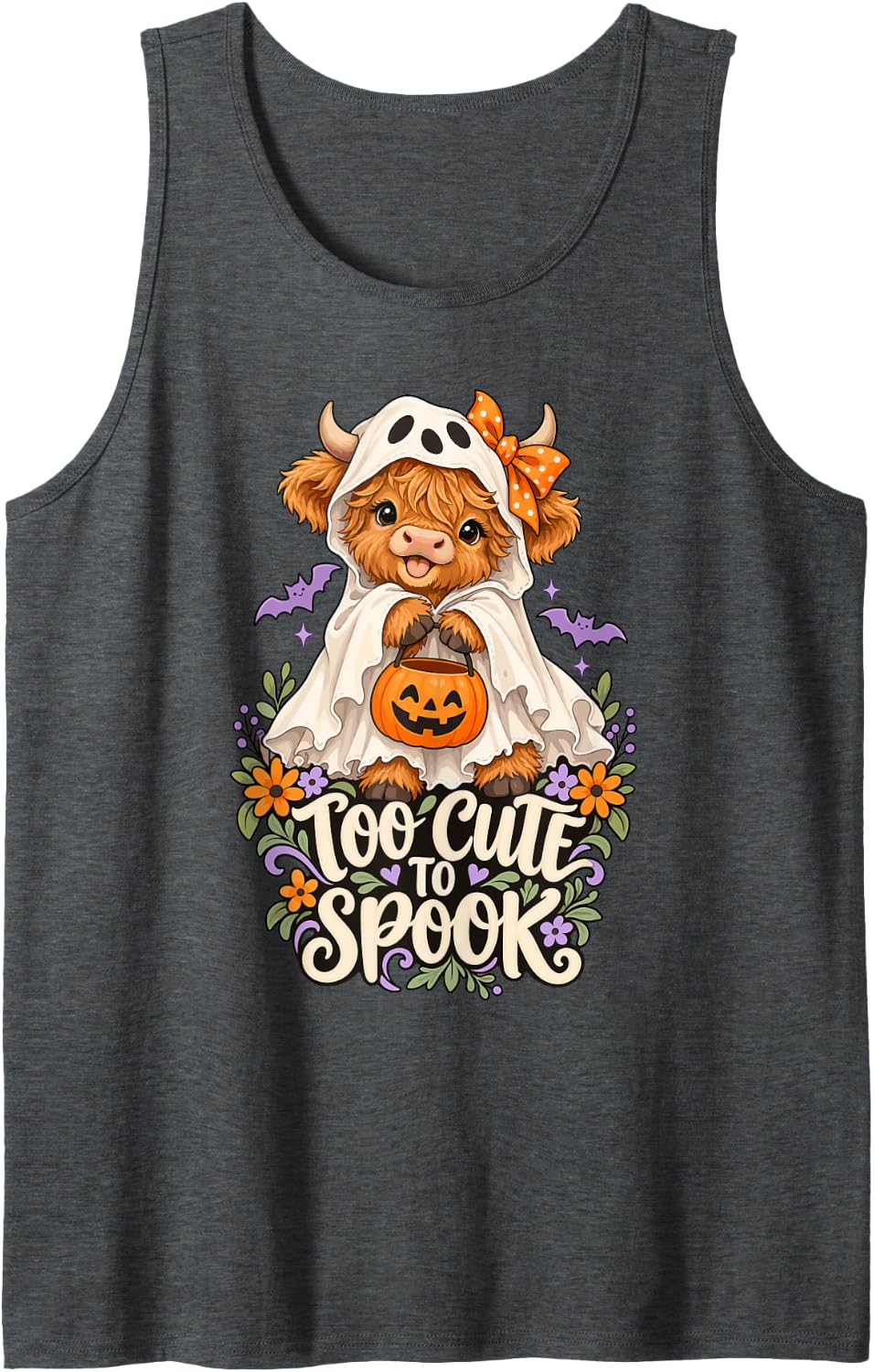 Cute Halloween Highland Cow Ghost Jack O Lantern Farmer Sleeveless Tank Top - Dark Heather Grey