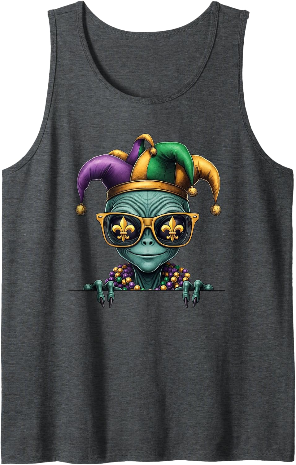 Funny Alien Mardi Gras Festival Carnival Womens Mens Kids Sleeveless Tank Top - Dark Heather Grey