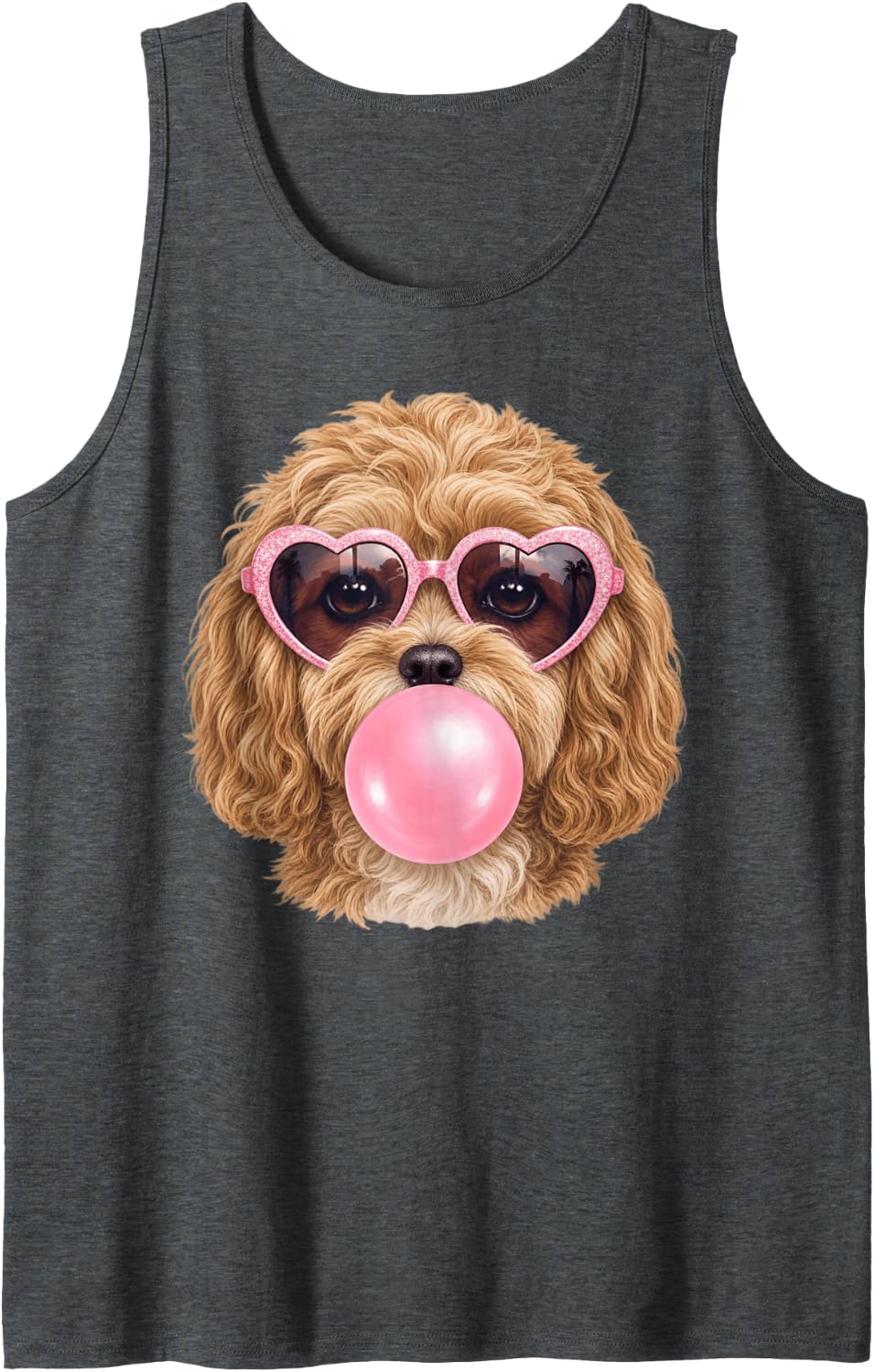 Cockapoo Dog Blowing Bubble Gum Cute Heart Pink Sunglasses Sleeveless Tank Top - Dark Heather Grey