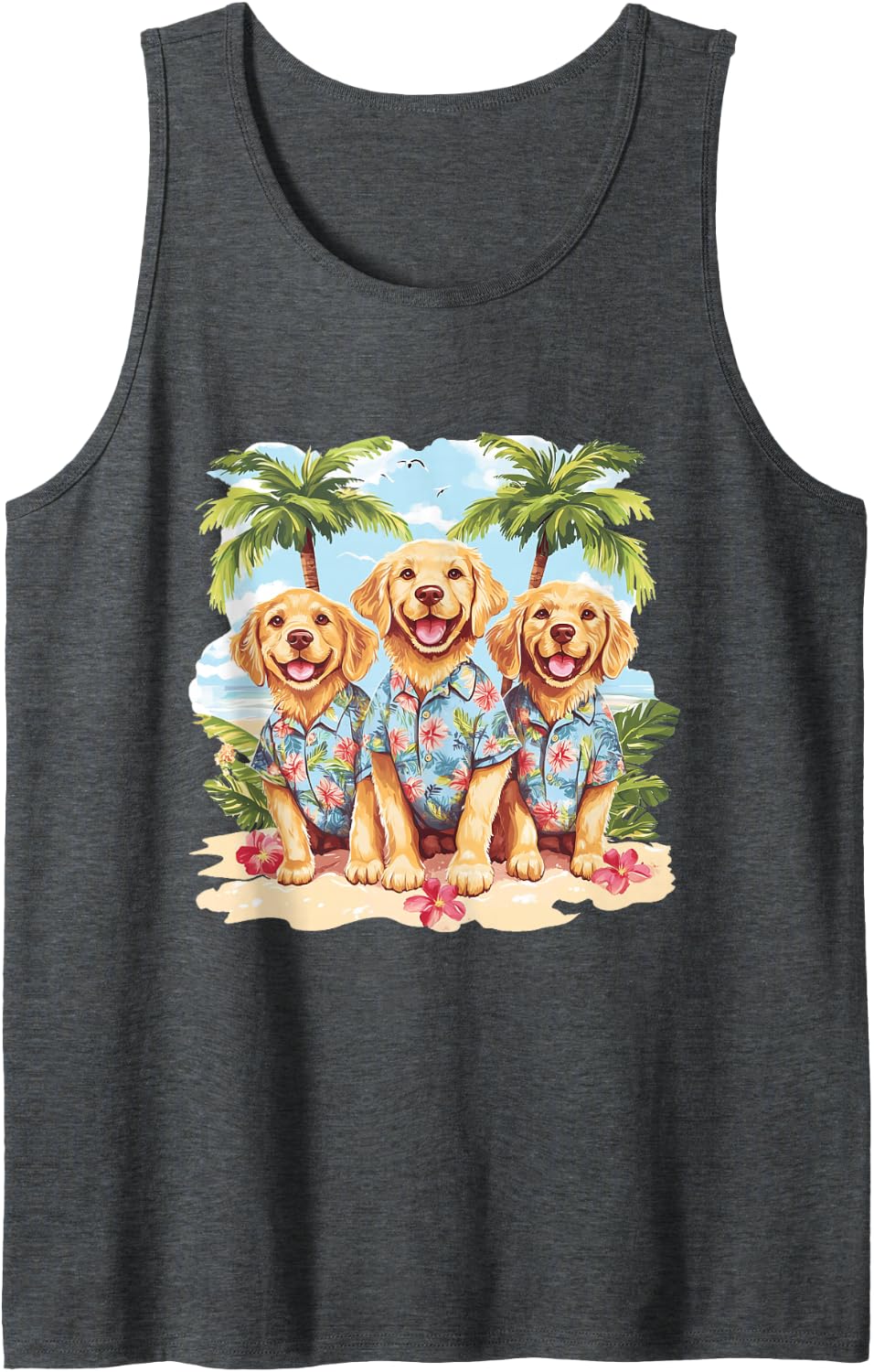 Golden Retriever Dogs In Cute Hawaiian Tops Palm Trees Beach Tank Top - Dark Heather Grey