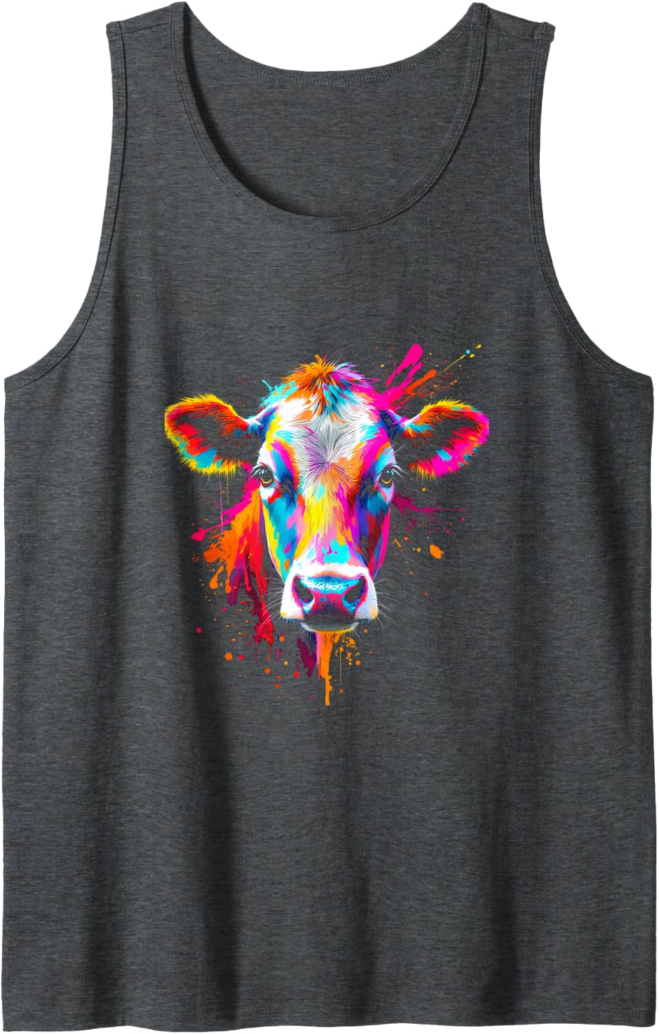 Colorful Cow Portrait Sleeveless Tank Top - Dark Heather Grey