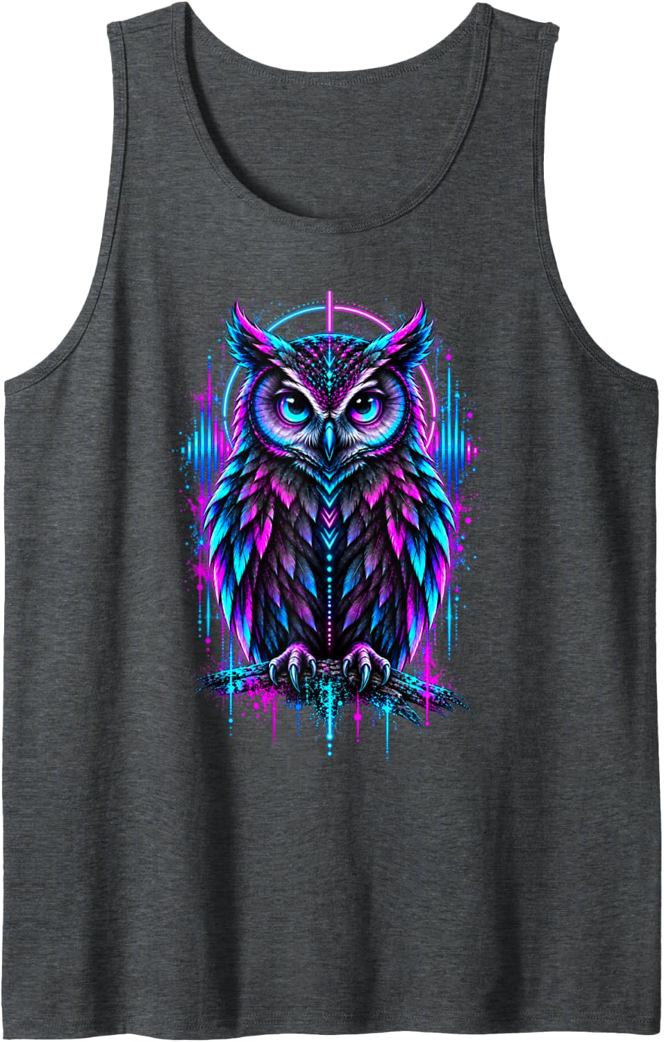 Owl Techno Electronic Music EDM Animal Design Outfit Sleeveless Tank Top - Dark Heather Grey