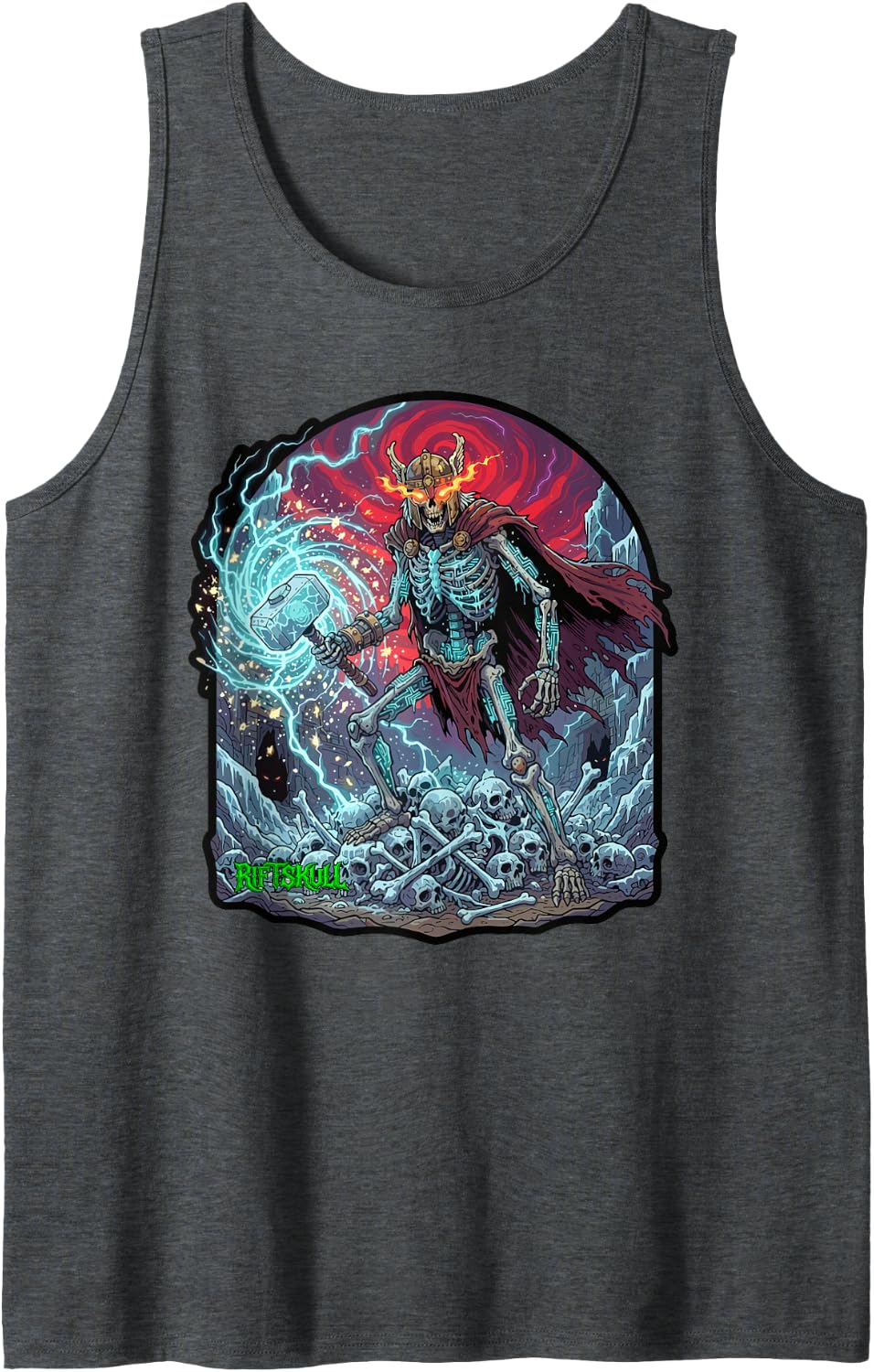 Skeleton Norse God Thor Heavy Metal Rock Gothic Dark Fantasy Sleeveless Tank Top - Dark Heather Grey