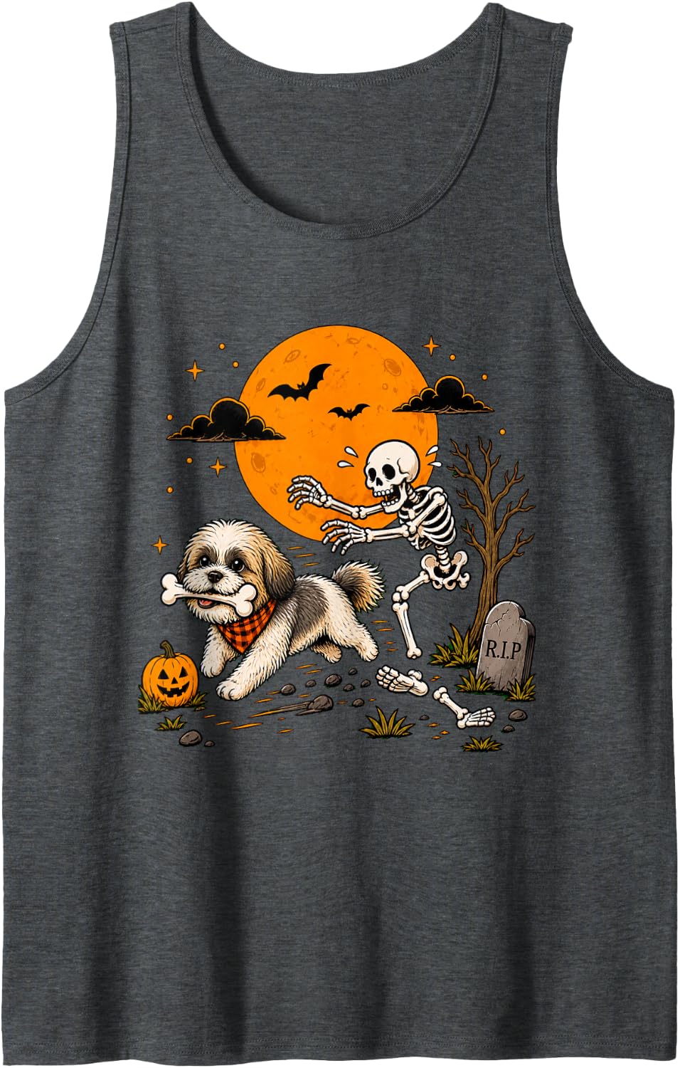 Halloween Dog Skeleton Funny Shih Tzu Men Women Sleeveless Tank Top - Dark Heather Grey