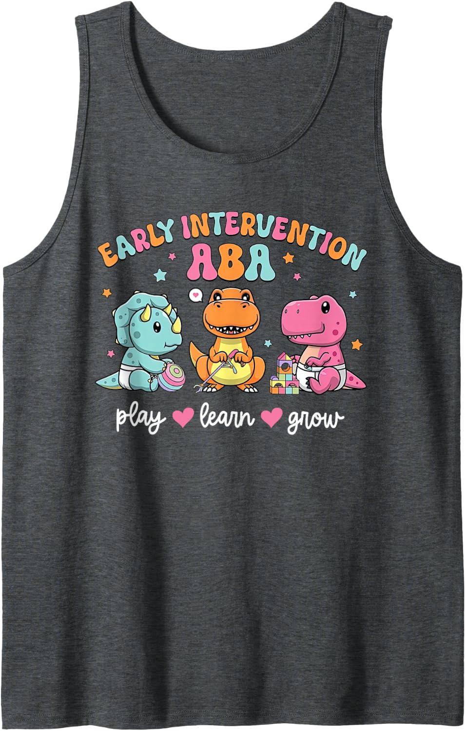 Retro Early Intervention ABA Therapist RTI Team T-rex Dino Sleeveless Tank Top - Dark Heather Grey