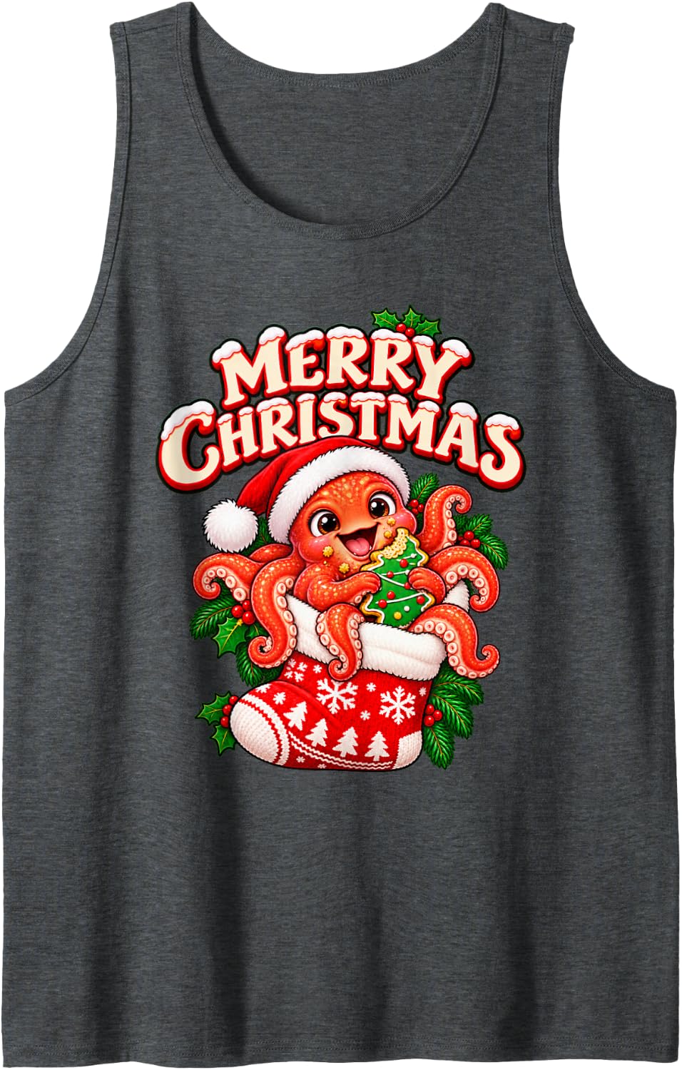 Merry Christmas Happy Octopus Cute Stocking Funny Sleeveless Tank Top - Dark Heather Grey