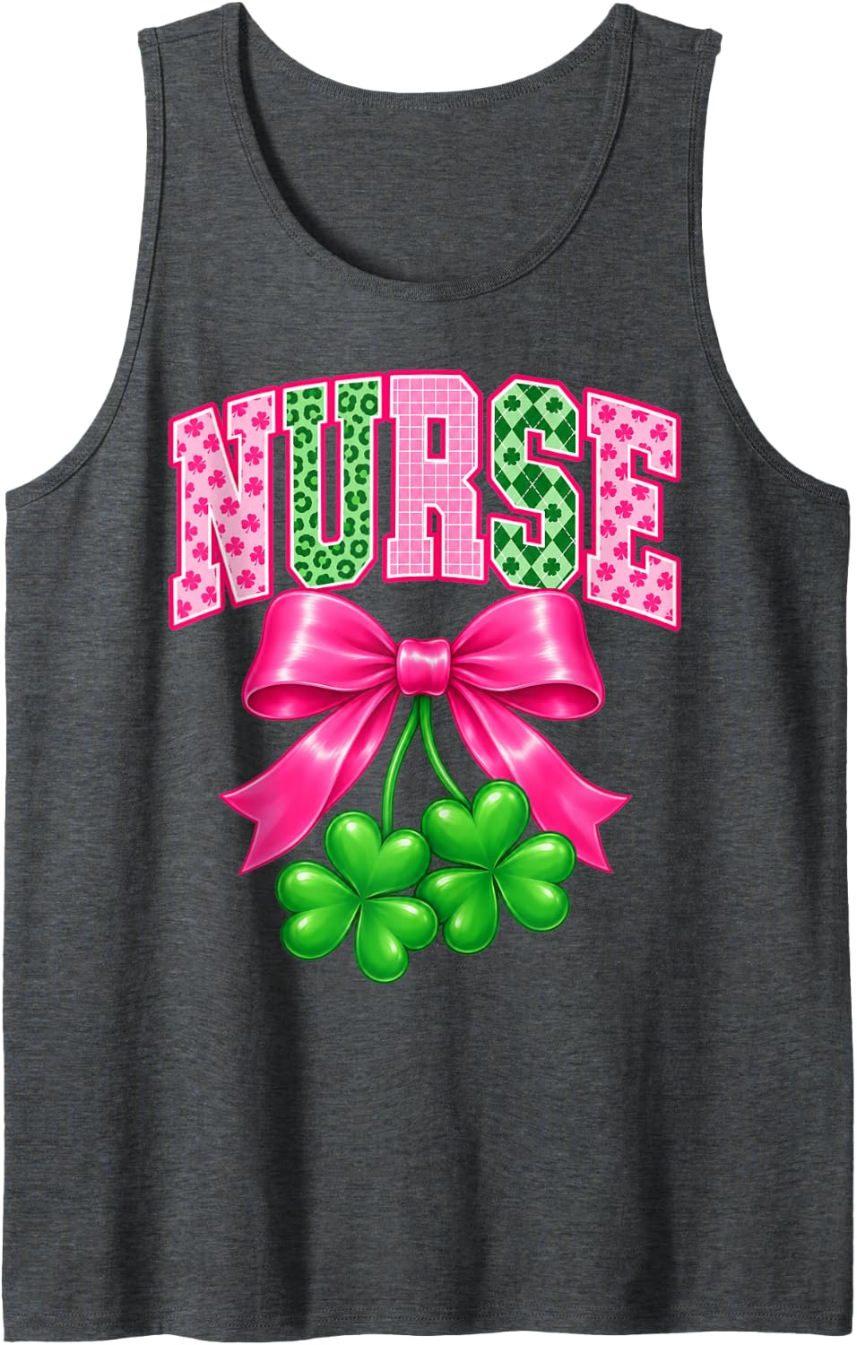 Lucky Shamrock St Patrick's Day Nurse Coquette Bow Cute Sleeveless Tank Top - Dark Heather Grey