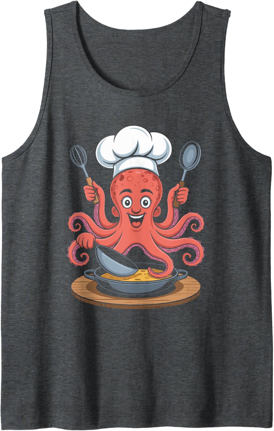 Octopus Chef Multitasking Kitchen Illustration Sleeveless Tank Top - Dark Heather Grey