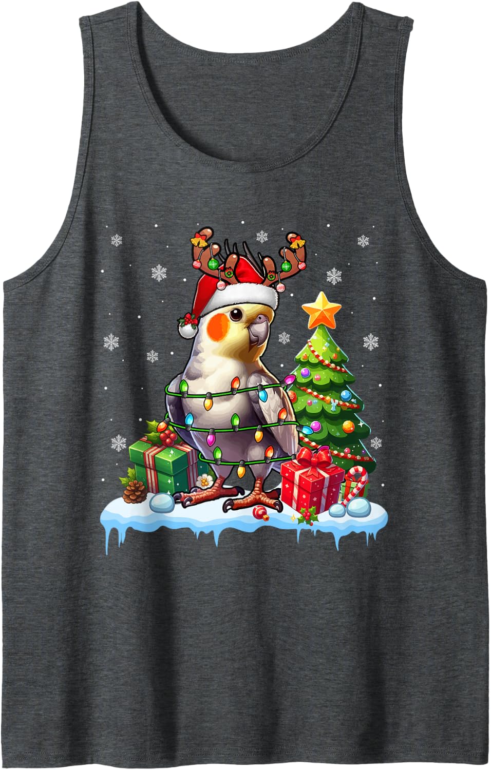 Santa Reindeer Cockatiel Xmas Lights Bird Ornithologist Sleeveless Tank Top - Dark Heather Grey