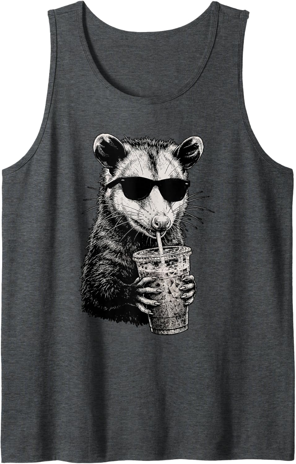 Funny Opossum Drinking Iced Coffee Wildlife Animal Humor Sleeveless Tank Top - Dark Heather Grey