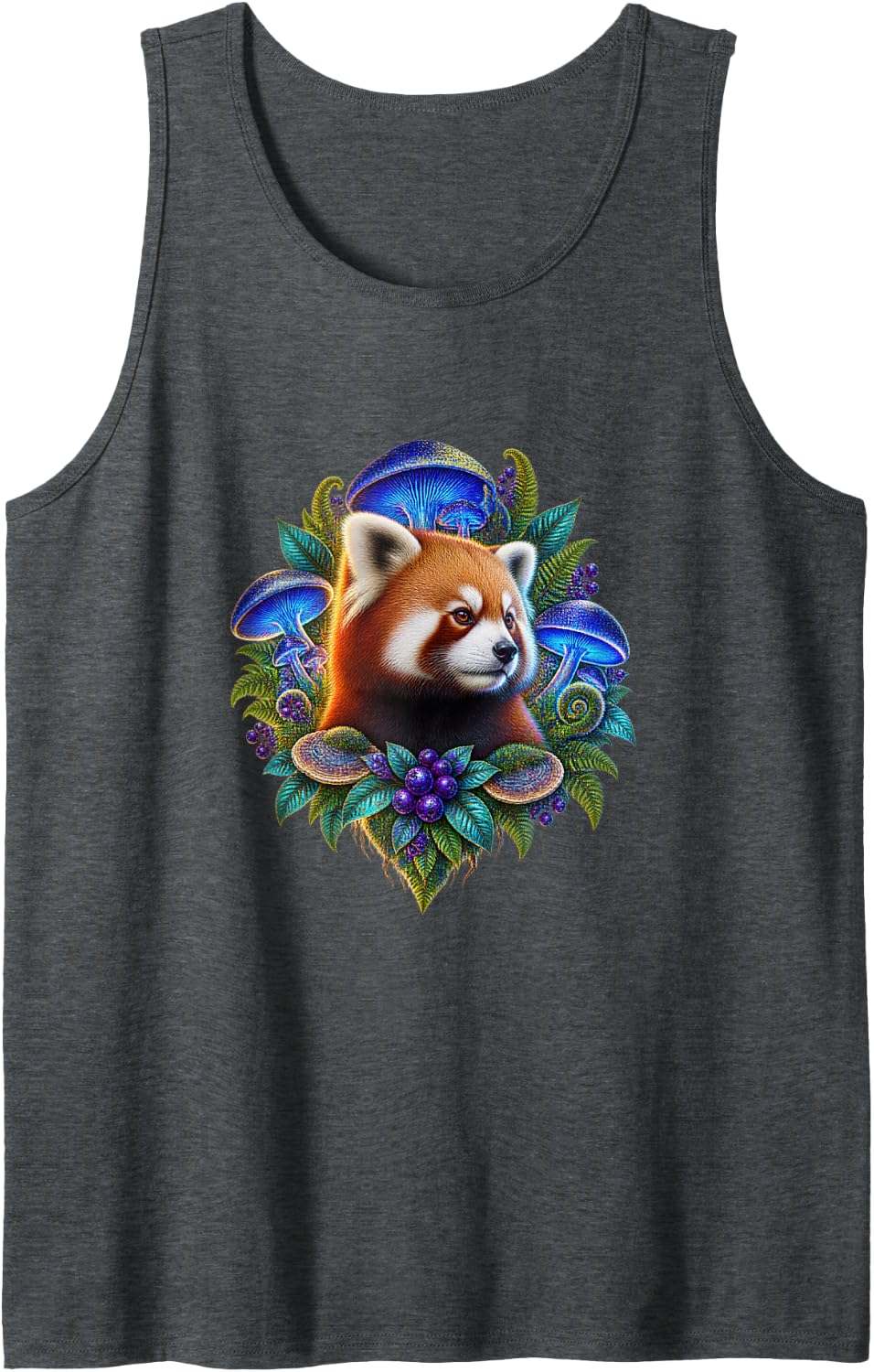 Russet Panda Among Blue Mushrooms and Ferns Sleeveless Tank Top - Dark Heather Grey