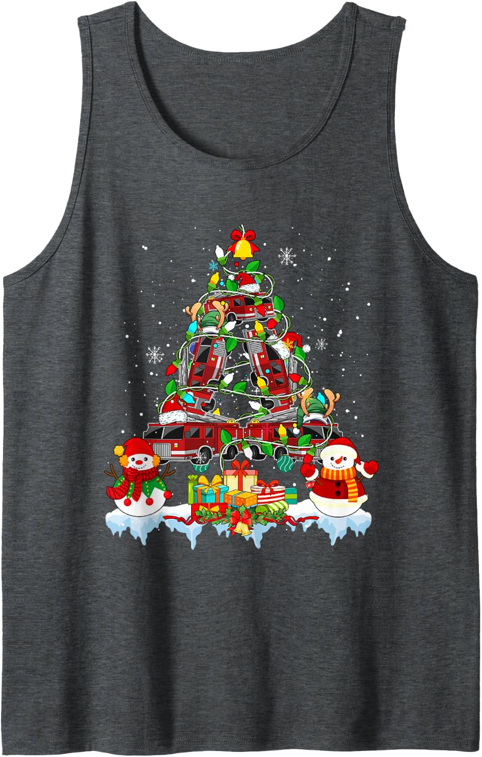 Santa Reindeer Elf Firefighter Trucks As Christmas Tree Sleeveless Tank Top - Dark Heather Grey
