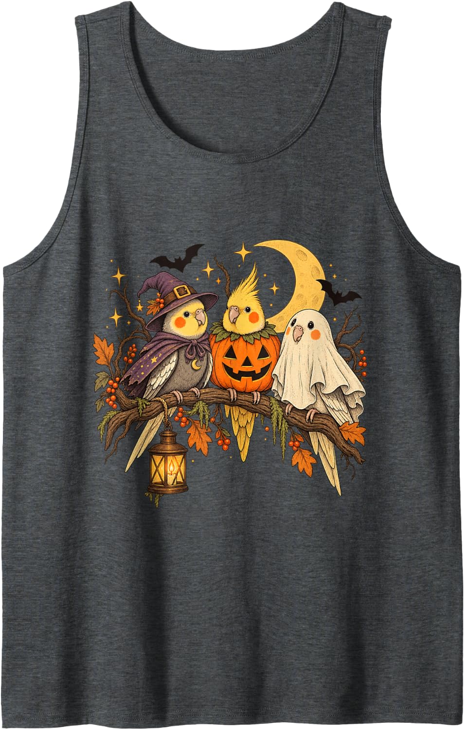 Halloween Cockatiel Birds Witch Ghost Pumpkin Costume Sleeveless Tank Top - Dark Heather Grey