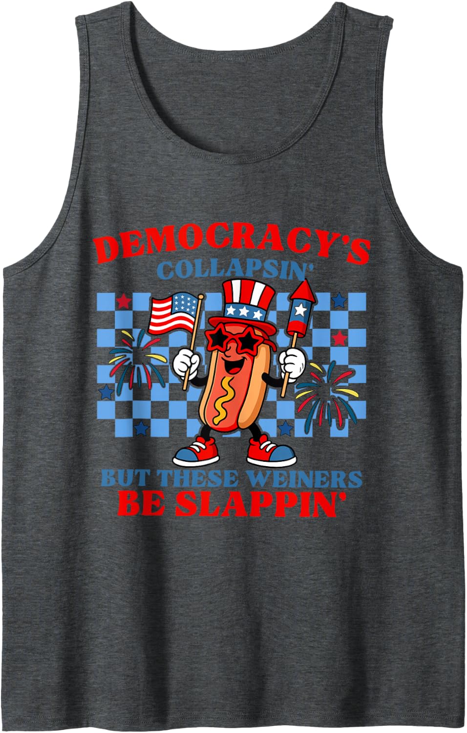 Funny Hot Dog Democracy's Collapsing 4th July Sleeveless Tank Top - Dark Heather Grey