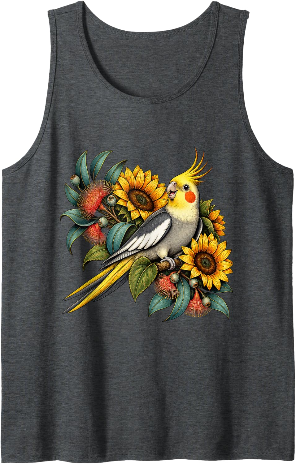 Cheerful Cockatiel with Sunflowers and Eucalyptus Tank Top - Dark Heather Grey