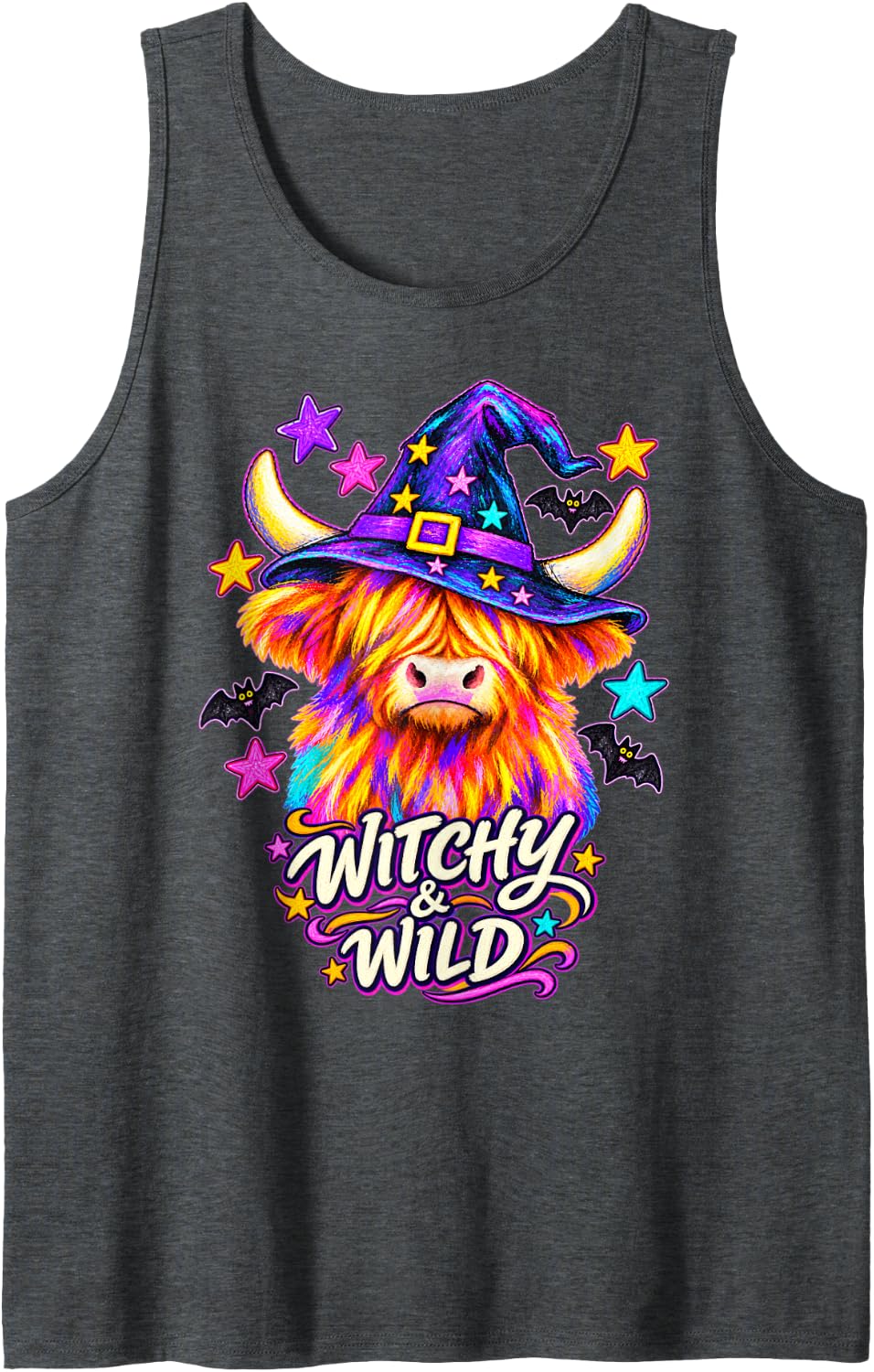 Witchy and Wild Colorful Highland Cow Halloween Art Sleeveless Tank Top - Dark Heather Grey