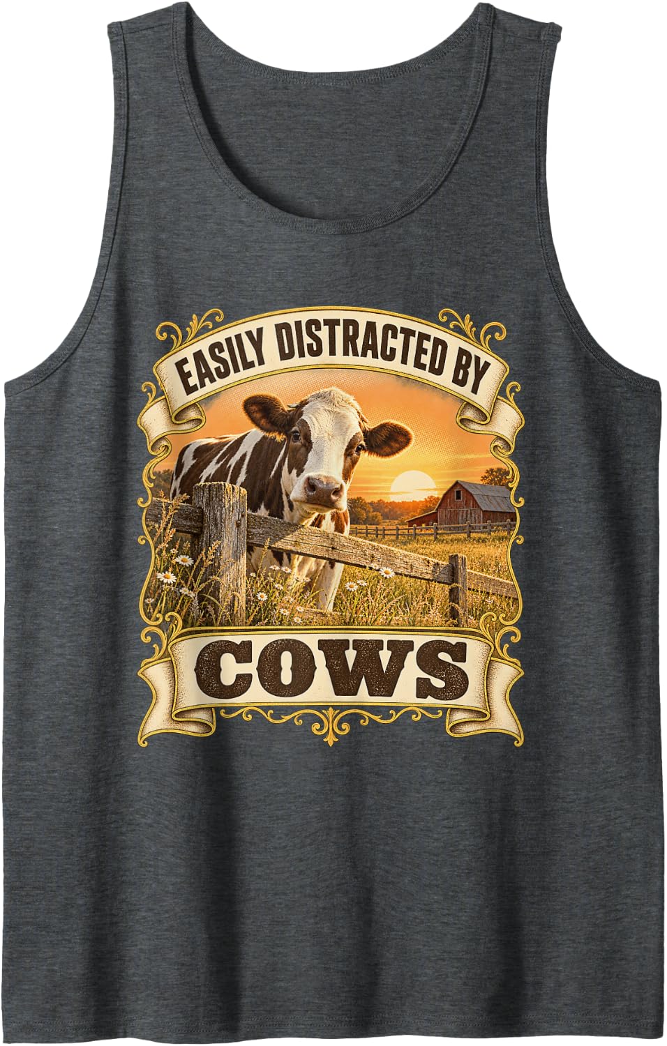 Easily Distracted By Cows Dairy Farming Cow Farmer Sleeveless Tank Top - Dark Heather Grey