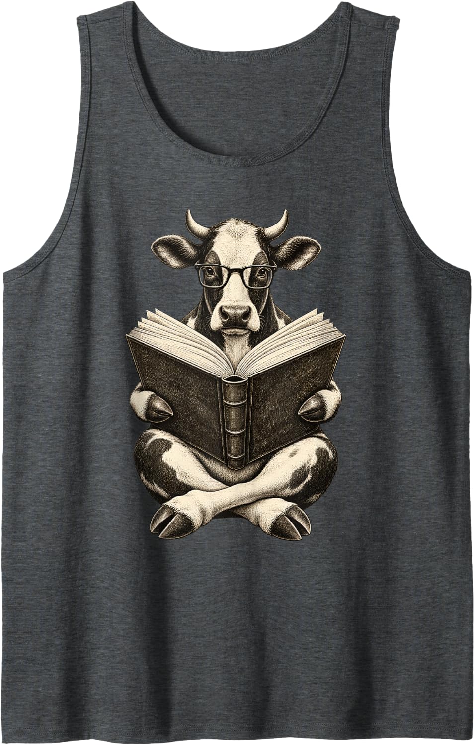 Reading Cow with Glasses Book Lover Library Funny Humor Sleeveless Tank Top - Dark Heather Grey