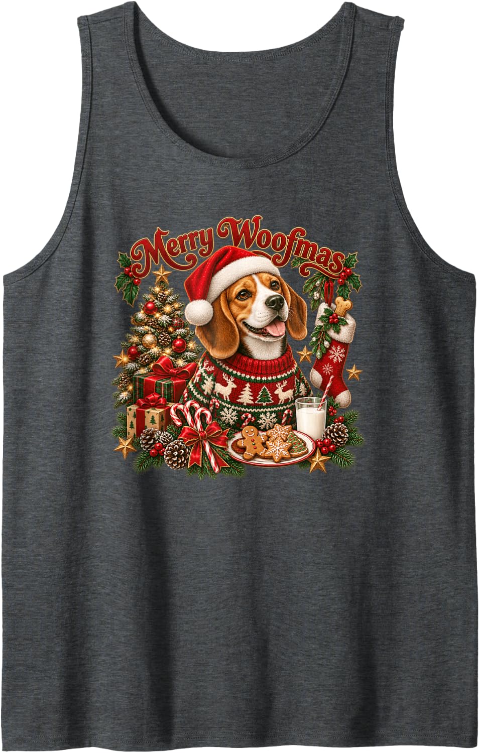 Merry Woofmas Beagle Santa Christmas Sleeveless Tank Top - Dark Heather Grey