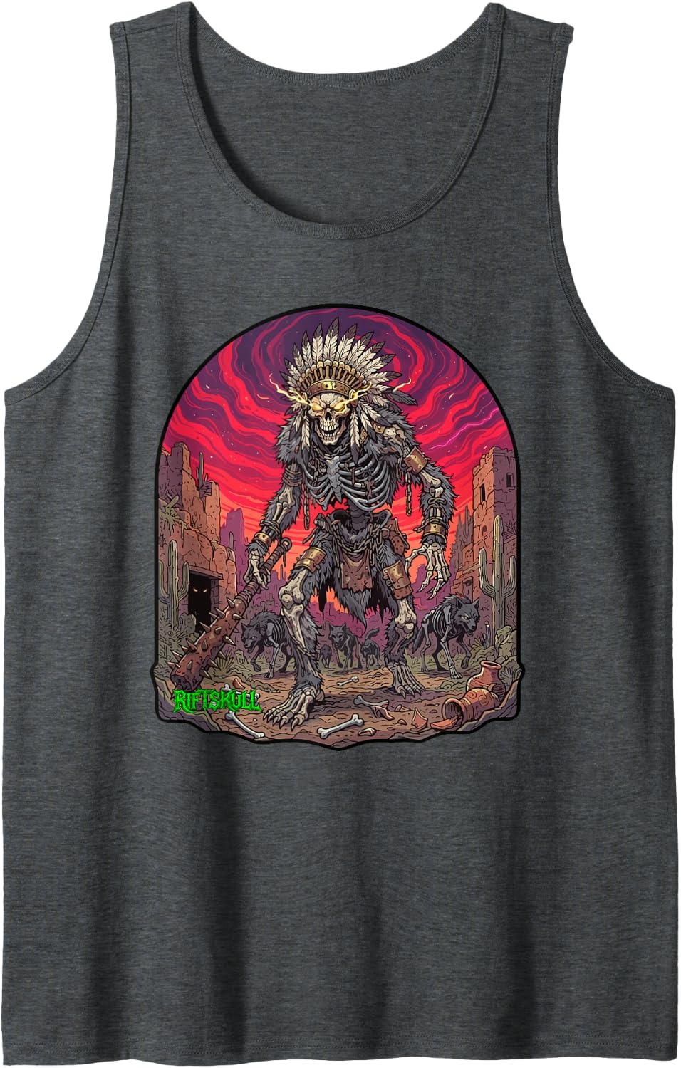 Skeleton Native American Chieftain Heavy Metal Rock Gothic Sleeveless Tank Top - Dark Heather Grey