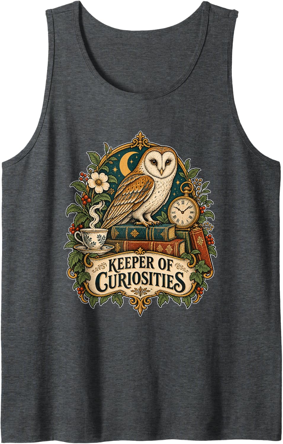 Curiosity Collector Owl Books Vintage Aesthetic Sleeveless Tank Top - Dark Heather Grey