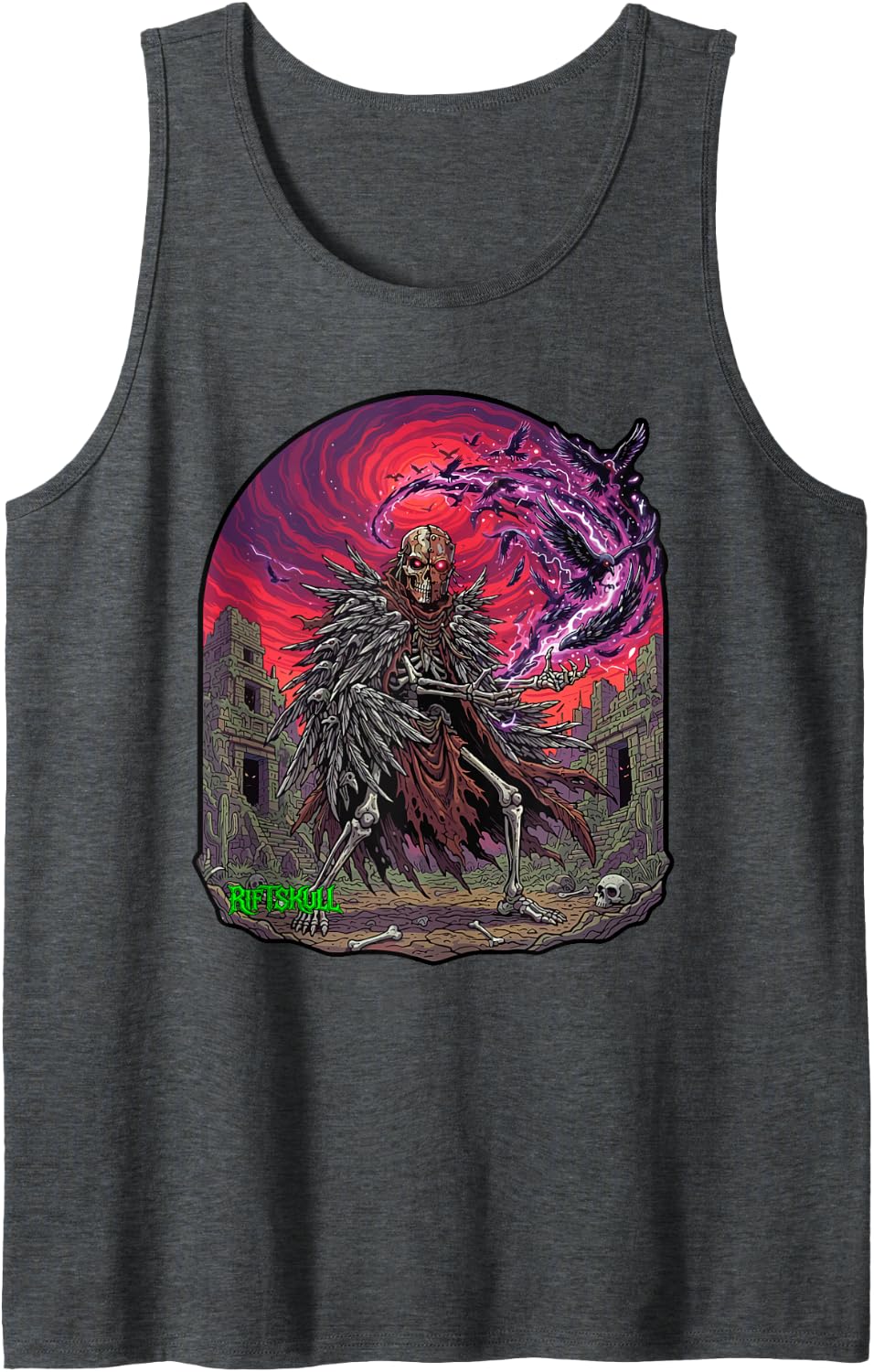 Native American Crow Shaman Skeleton Heavy Metal Rock Gothic Sleeveless Tank Top - Dark Heather Grey