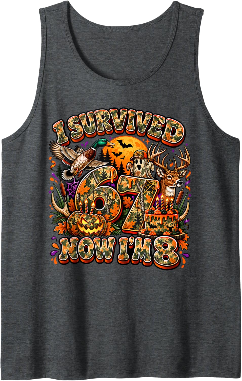 I Survived 6 7 Now I'm 8 Hunting Camo Halloween 8th Birthday Sleeveless Tank Top - Dark Heather Grey