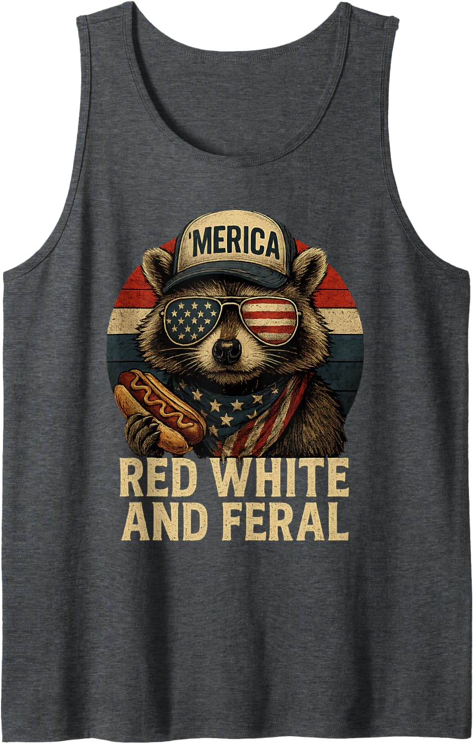 Red White And Feral Funny Cute Raccoon 4th of July Patriotic Tank Top - Dark Heather Grey