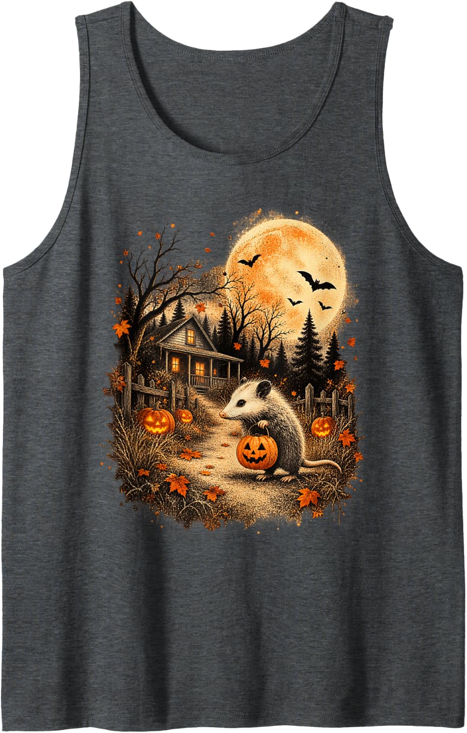 Halloween Opossum Pumpkin Full Moon Spooky Sleeveless Tank Top - Dark Heather Grey