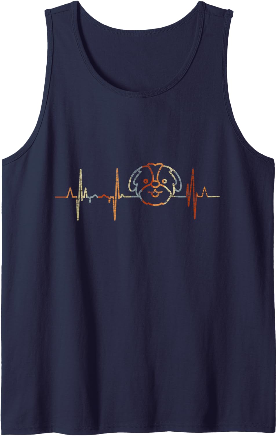 Shih Tzu Heartbeat Vintage ECG Cardiogram Retro Sleeveless Tank Top - Navy Blue