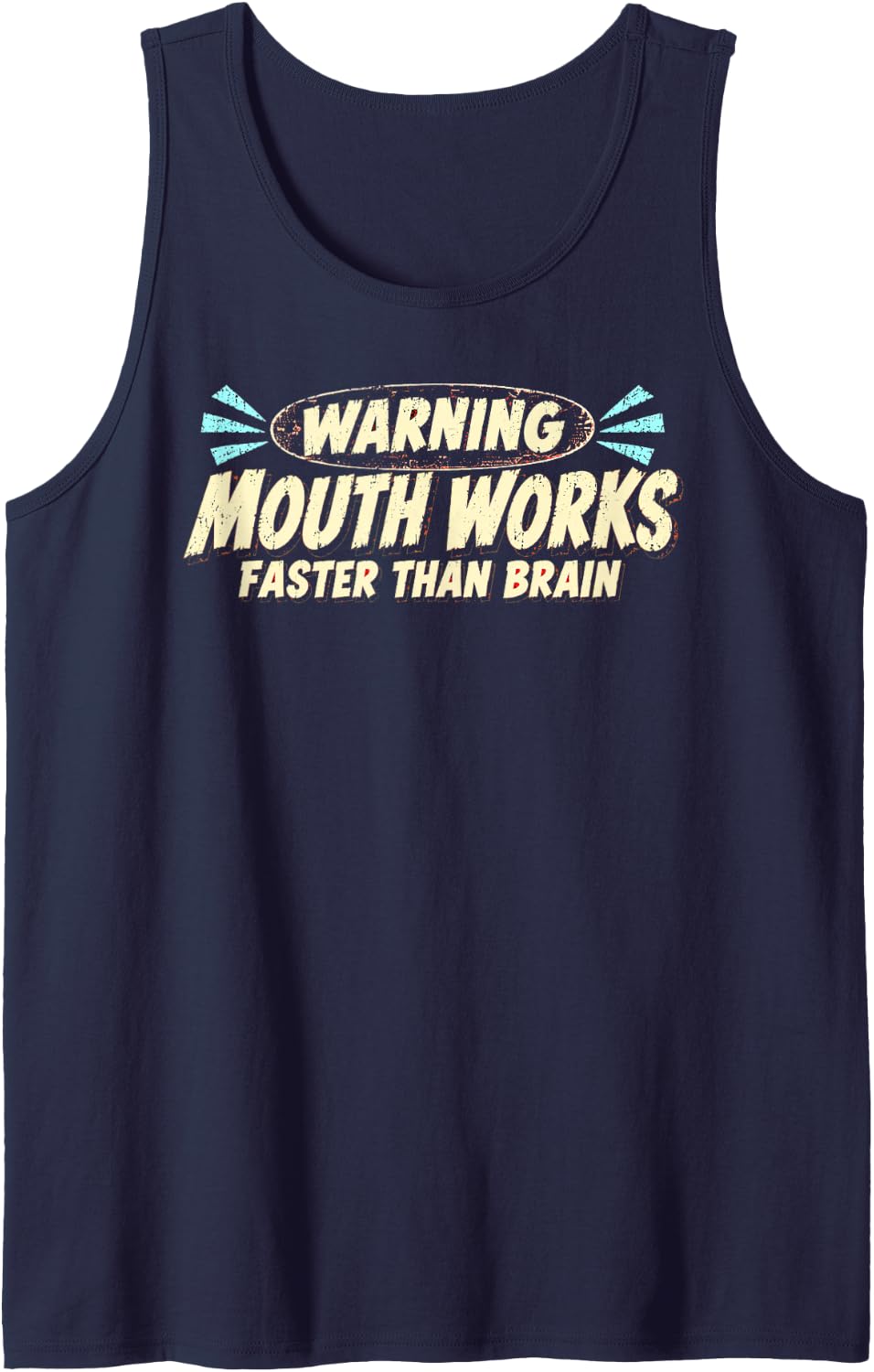Warning Mouth Works Faster Than Brain Retro Sarcastic Humor Sleeveless Tank Top - Navy Blue