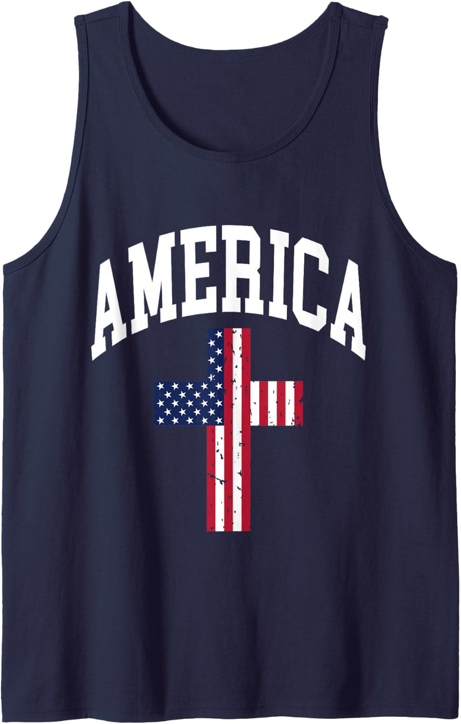 USA American Flag Cross America Christian July 4th Graphic Sleeveless Tank Top - Navy Blue