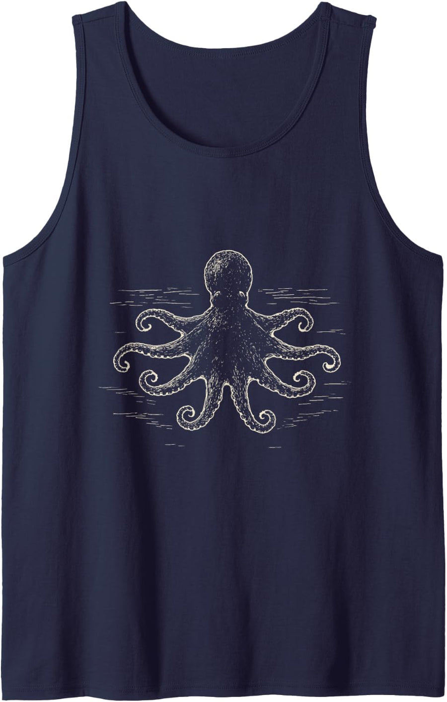 Vintage Octopus Ink Drawing Nautical Ocean Lover Sleeveless Tank Top - Navy Blue