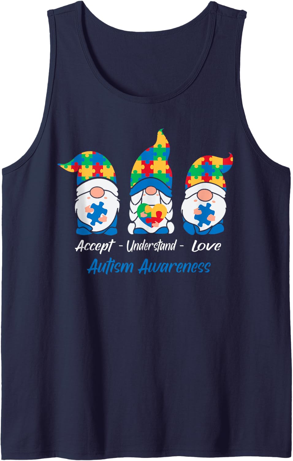Three Gnomes Holding Puzzle Autism Awareness Month Tank Top - Navy Blue