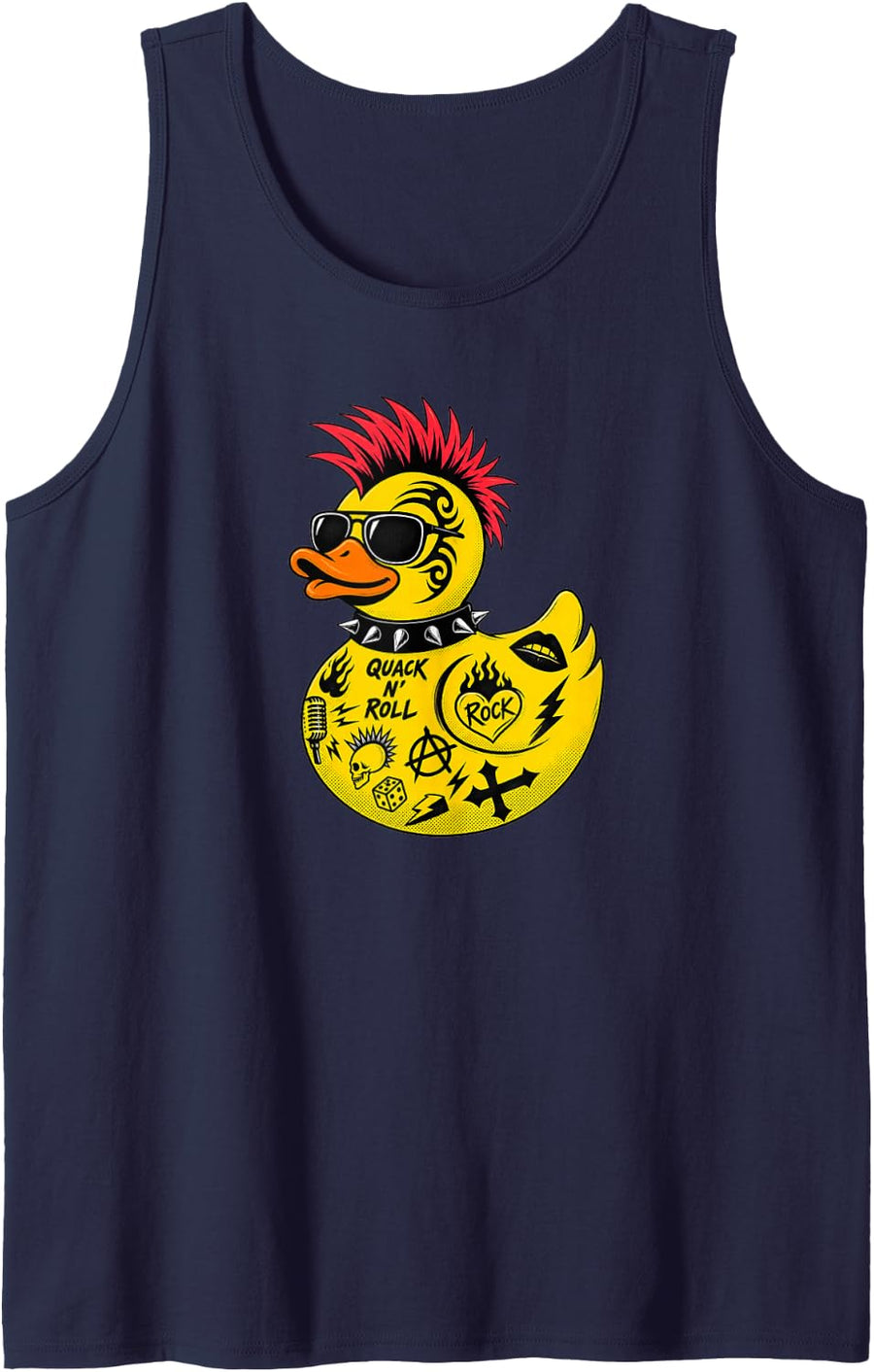Quack N' Roll Funny Punk Rock Rubber Duck Mohawk Tattoo Sleeveless Tank Top - Navy Blue
