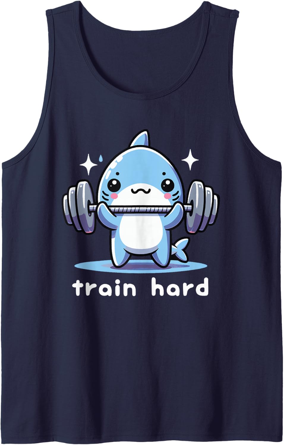Train Hard Funny Shark Lifting Weights Dumbbells Gym Workout Sleeveless Tank Top - Navy Blue