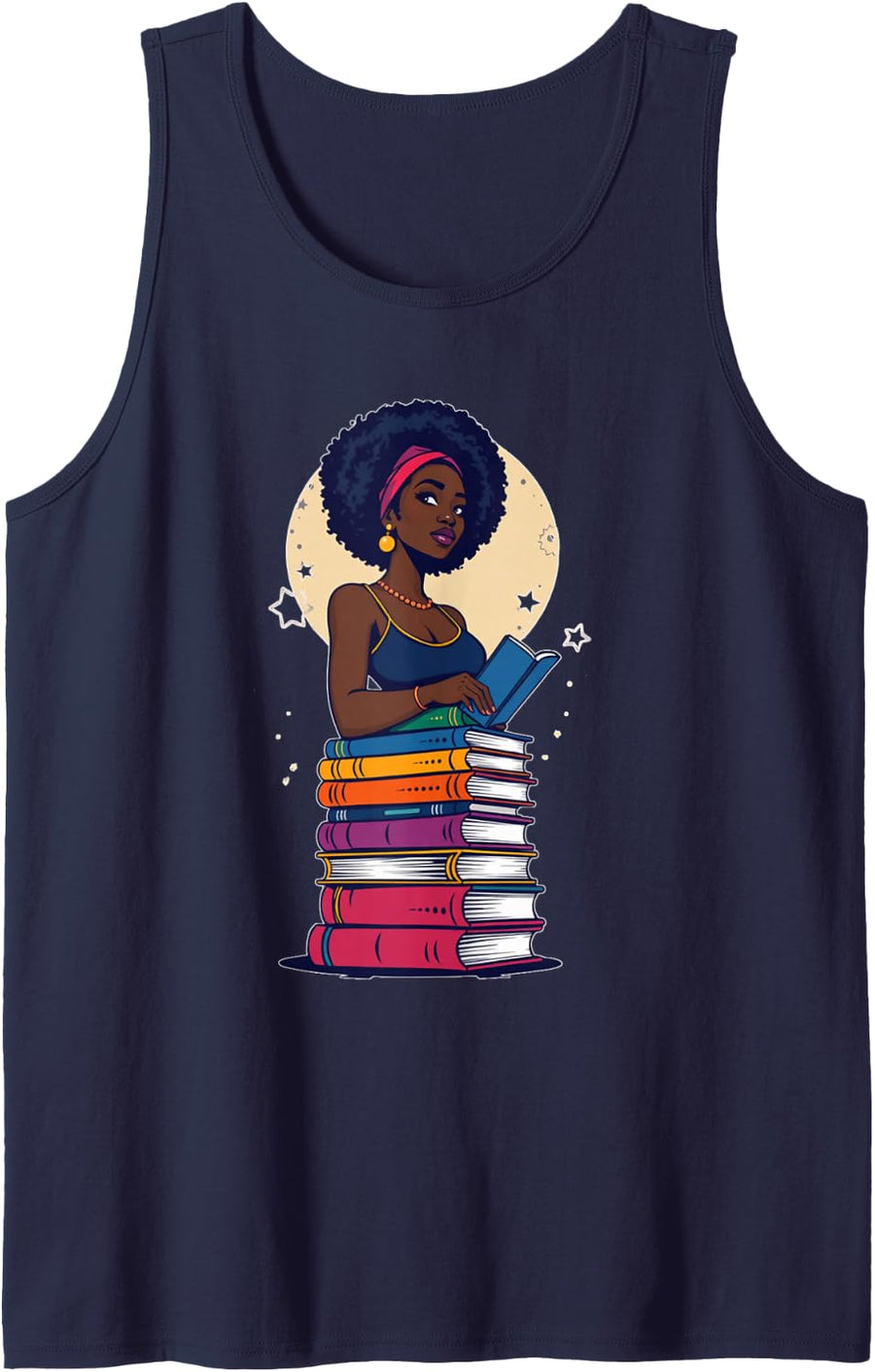Black Woman and Books Stack - Afro Girl Reading Lover Sleeveless Tank Top - Navy Blue