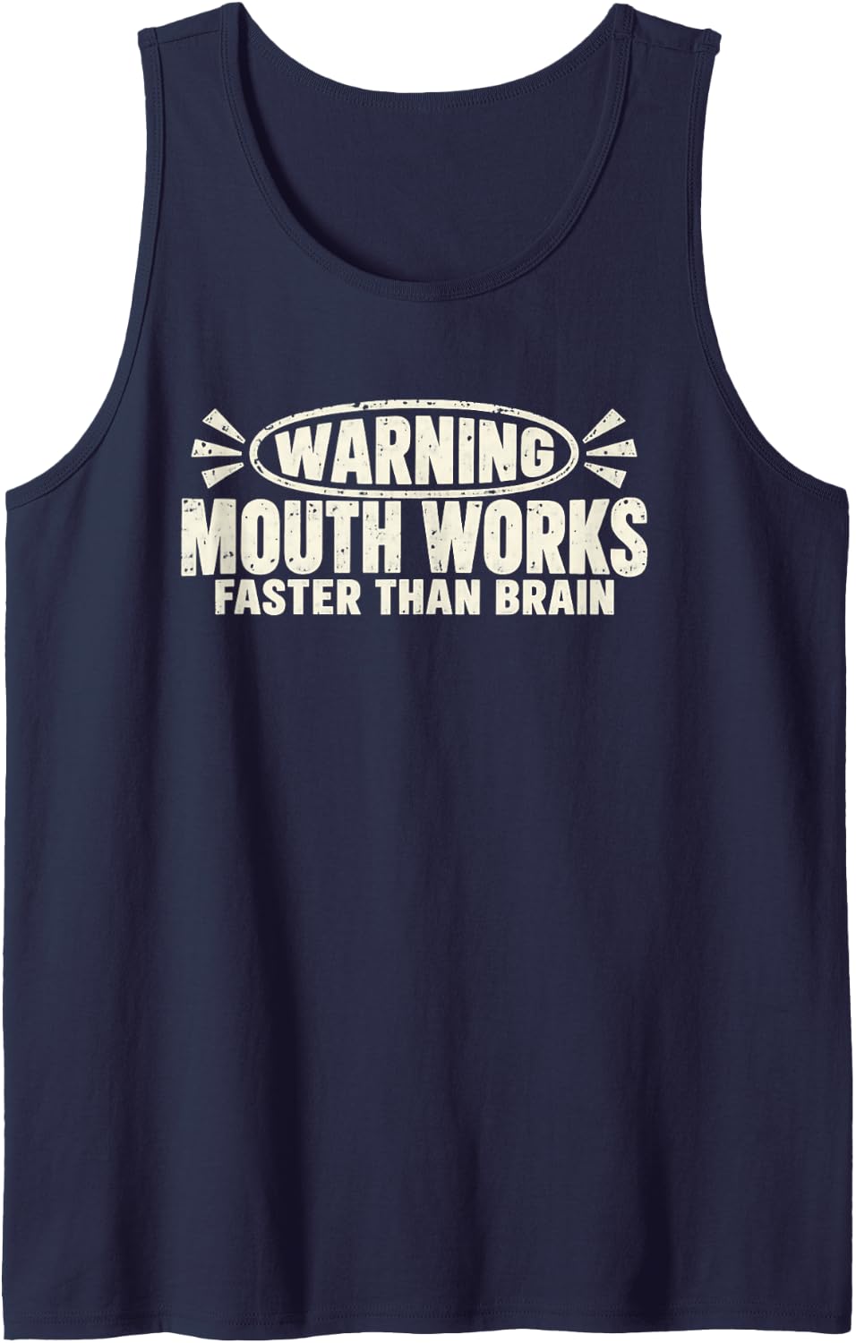 Warning Mouth Works Faster Than Brain Bold Dry Humor Saying Sleeveless Tank Top - Navy Blue