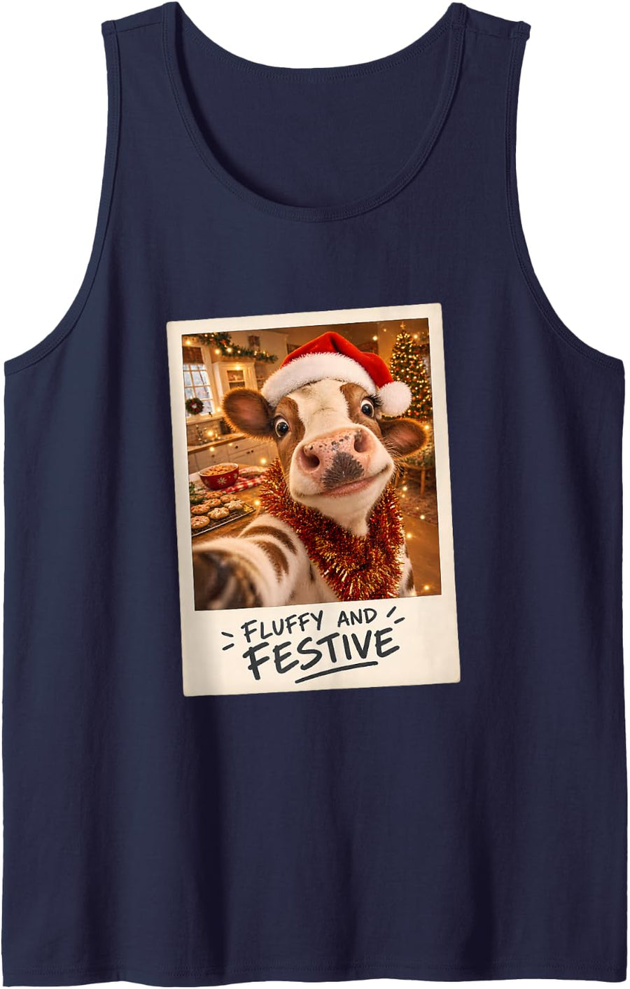 Fluffy and Festive Spotted Cow Selfie Christmas Sleeveless Tank Top - Navy Blue