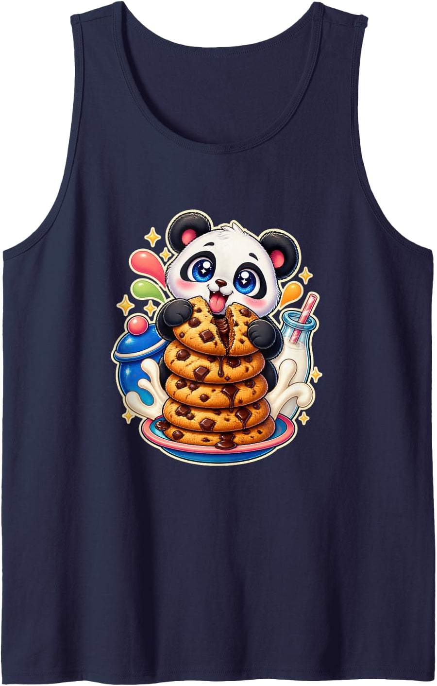 Panda with Cookie Stack and Milk Sleeveless Tank Top - Navy Blue